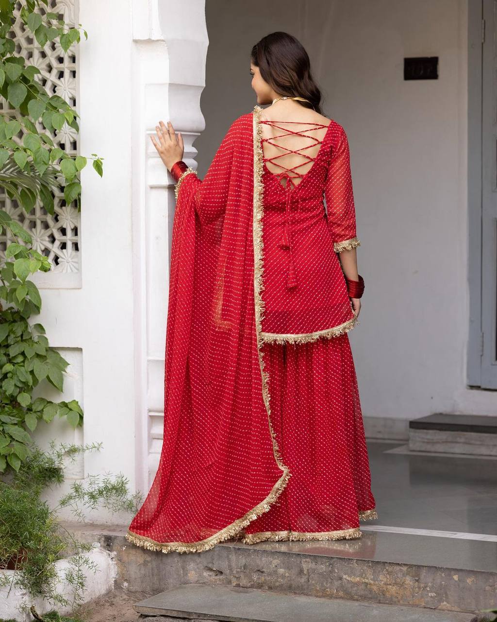 RED COLOUR GOOGETTE FABRIC MILL FABRIC  SHARARA SUIT