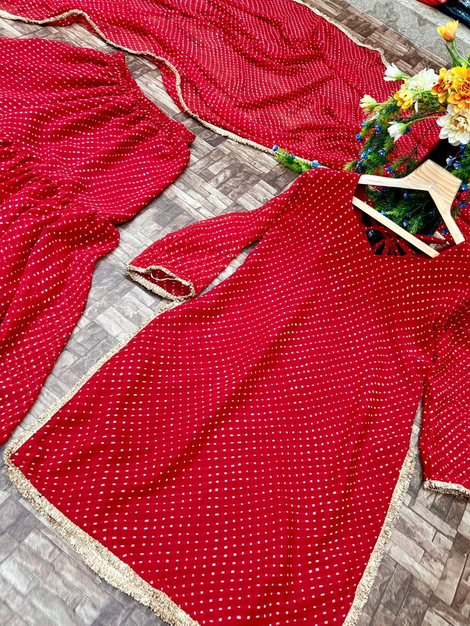 RED COLOUR GOOGETTE FABRIC MILL FABRIC  SHARARA SUIT