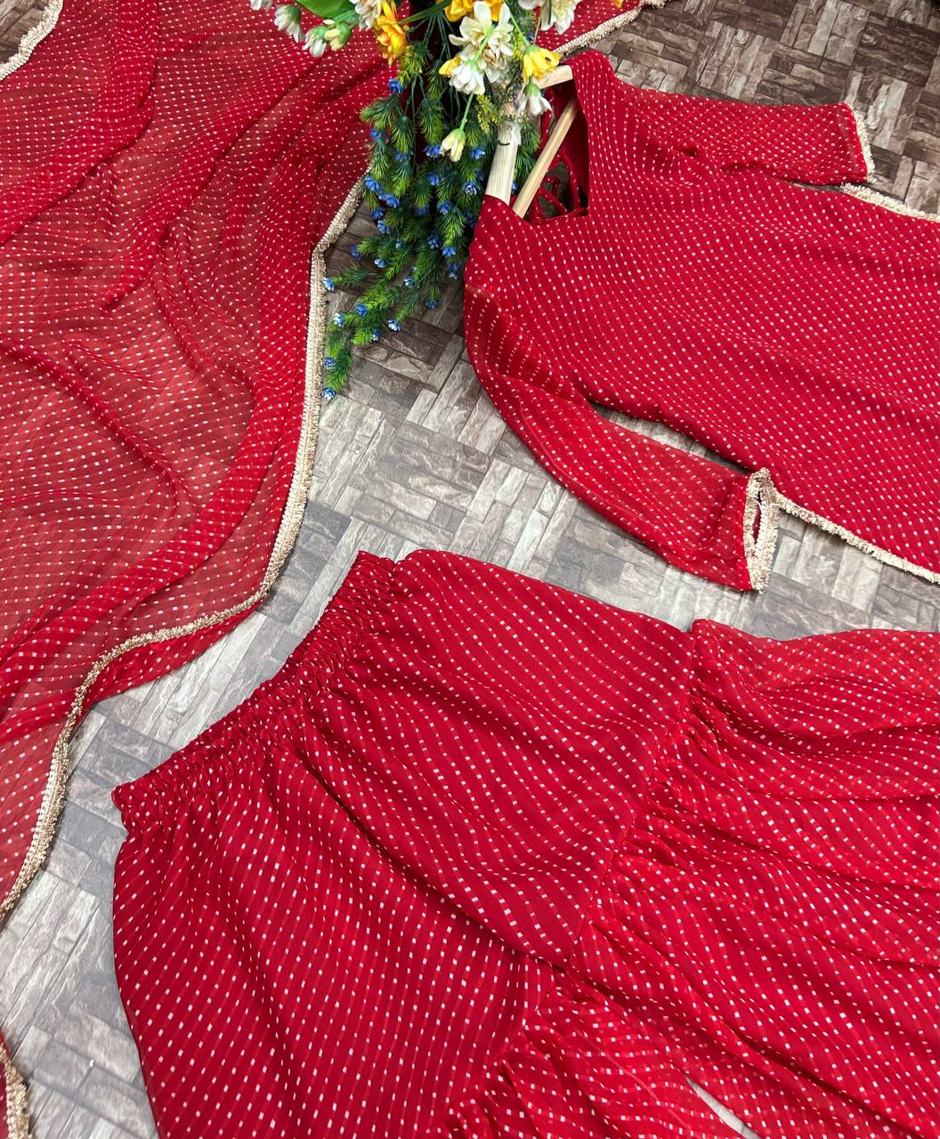 RED COLOUR GOOGETTE FABRIC MILL FABRIC  SHARARA SUIT