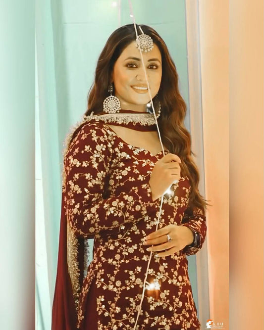 HEENA KHAN *DARK Maroon Colour Embroidered Attractive Party Wear Suit