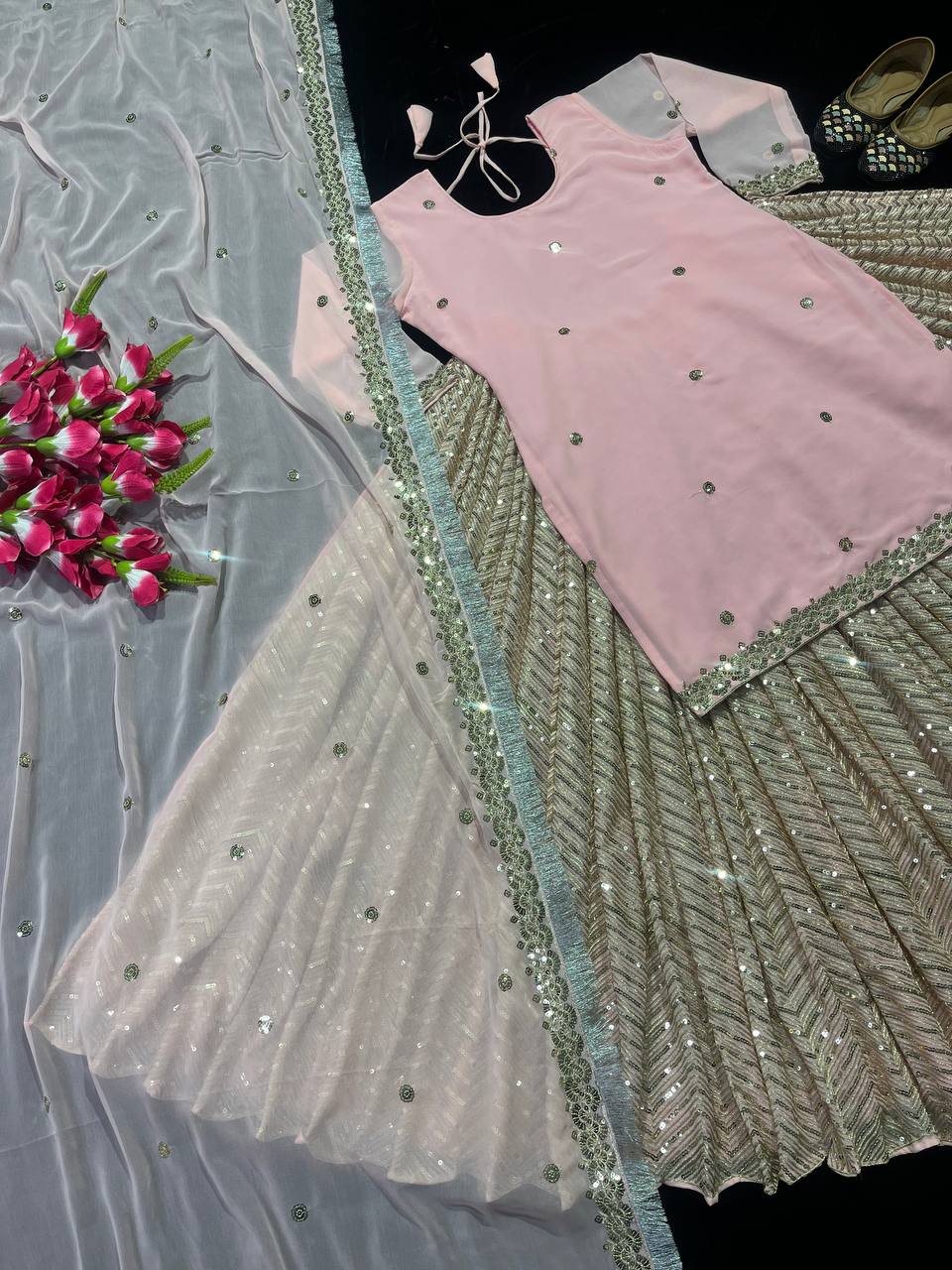 FAUX GEOGETTE FABRIC 5 MM SEQUANCE WORK  LEHENGA  TOP