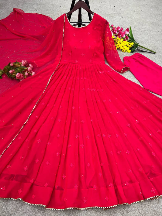 New Anarkali Faux Georgette Embroidery Work Gown With Fully Flair and Full Stitched With Dupatta Ready To Wear Collection *❤️👌