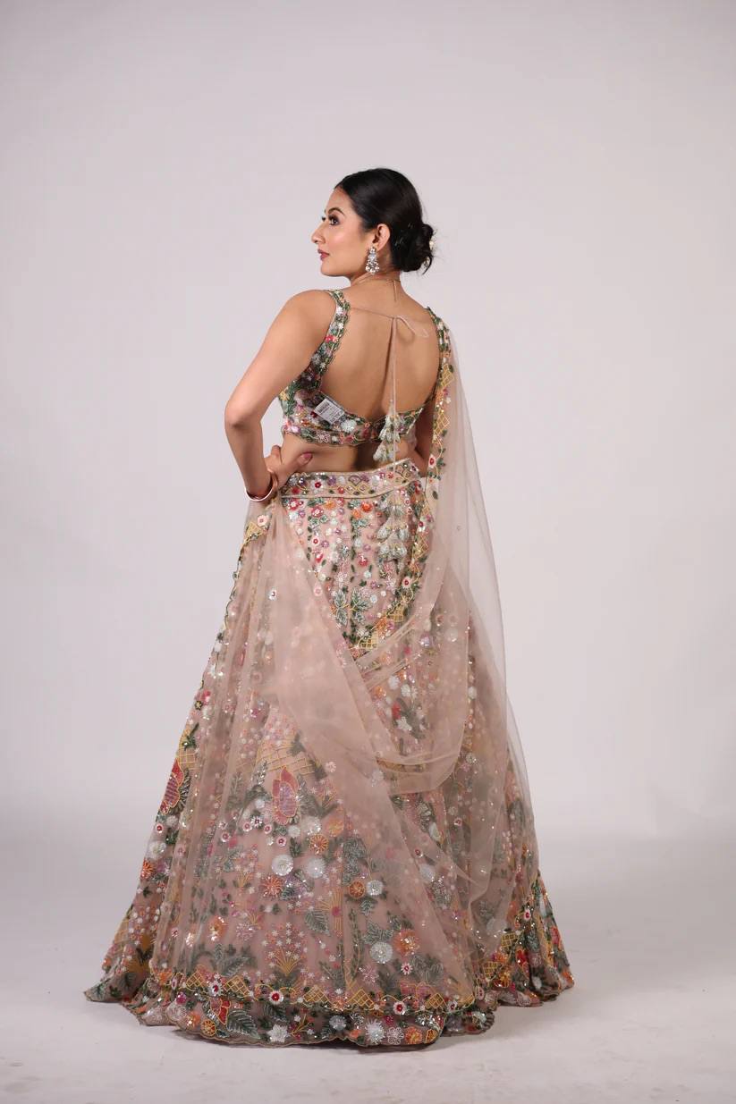 Net lehenga with rainbow sequins Dori & thread work choli