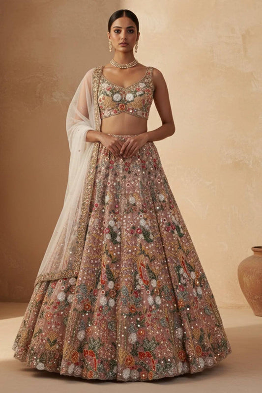 Net lehenga with rainbow sequins Dori & thread work choli