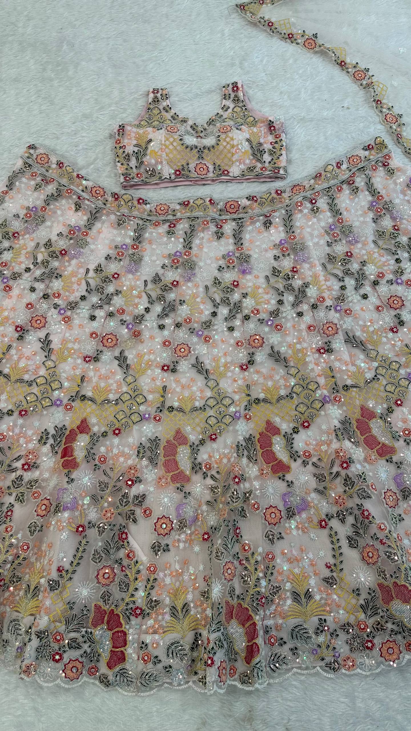 Net lehenga with rainbow sequins Dori & thread work choli