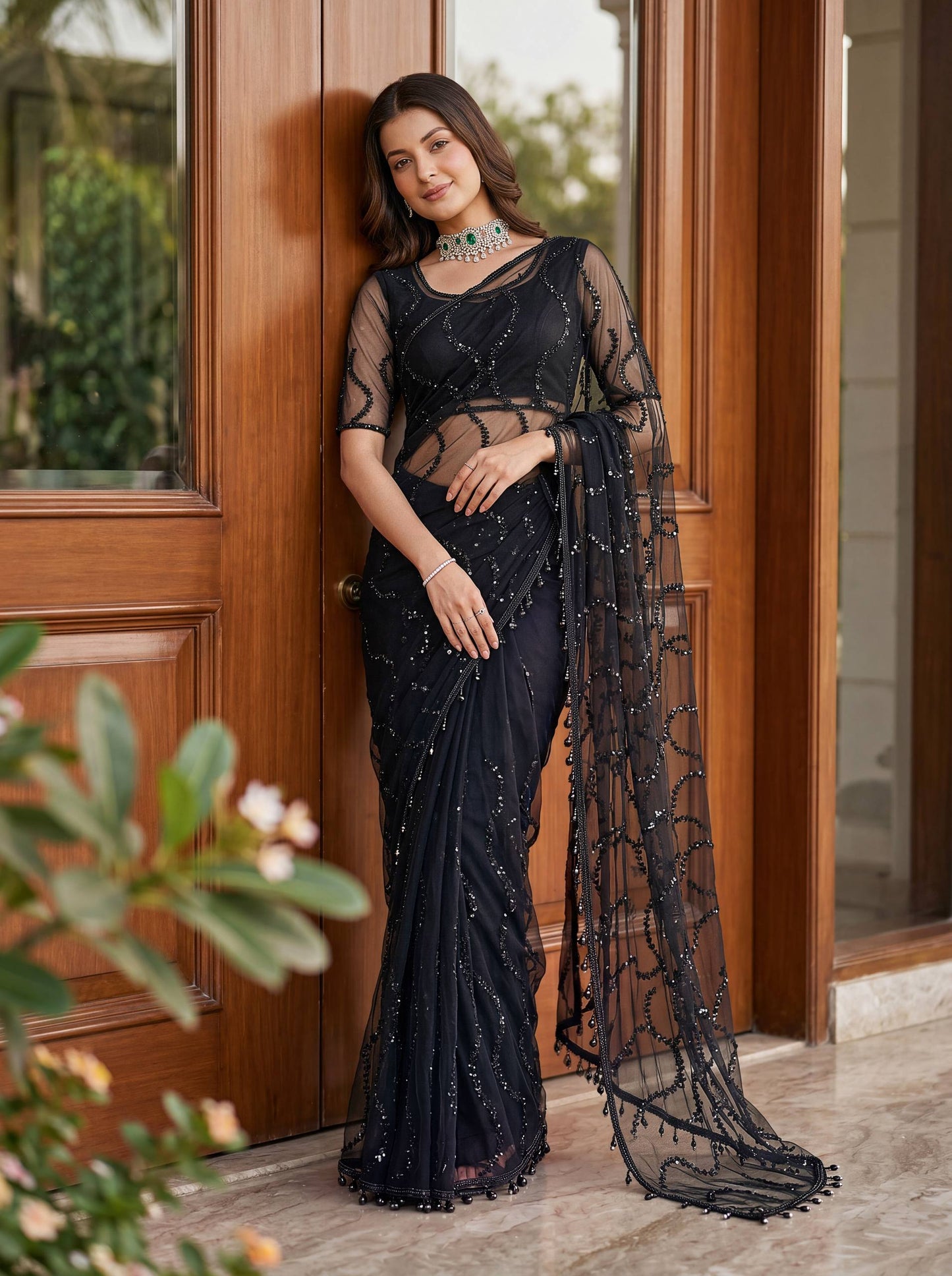 Net Bidds sequence pearls Embroidery Work Saree