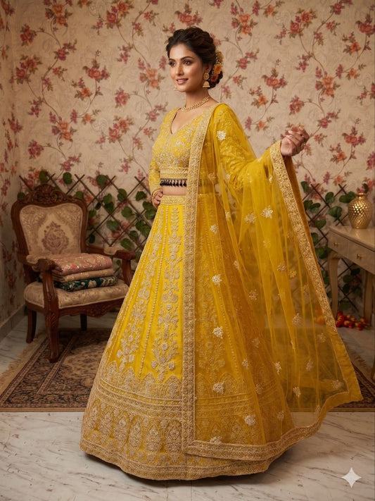 Sehen Sie umwerfend aus in diesem wunderschönen cremefarbenen Lehenga-Set