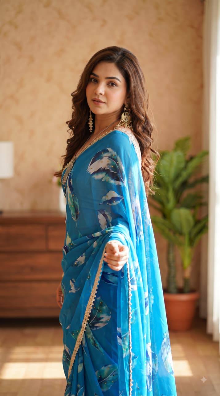 Soft pure Georgette golden diamond work sarees