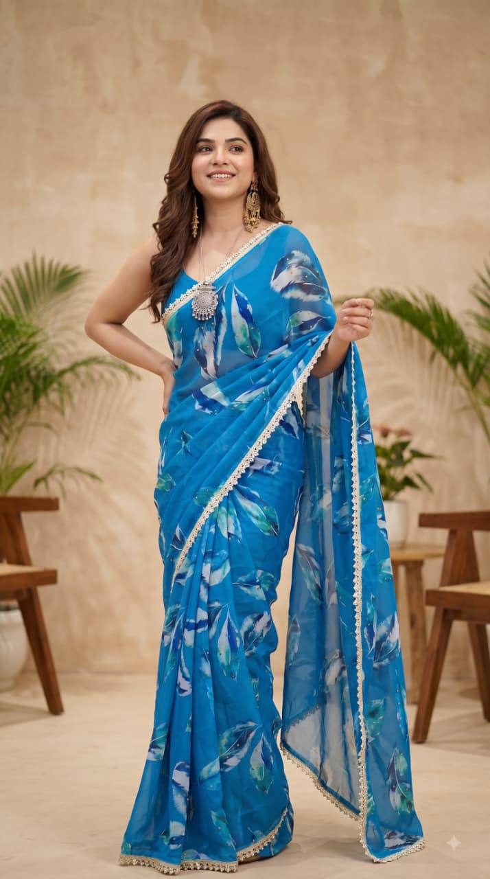 Soft pure Georgette golden diamond work sarees