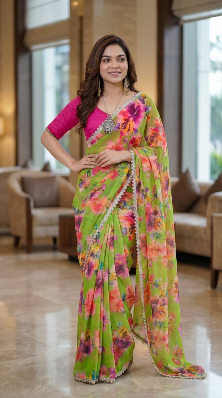 Soft pure Georgette golden diamond work sarees