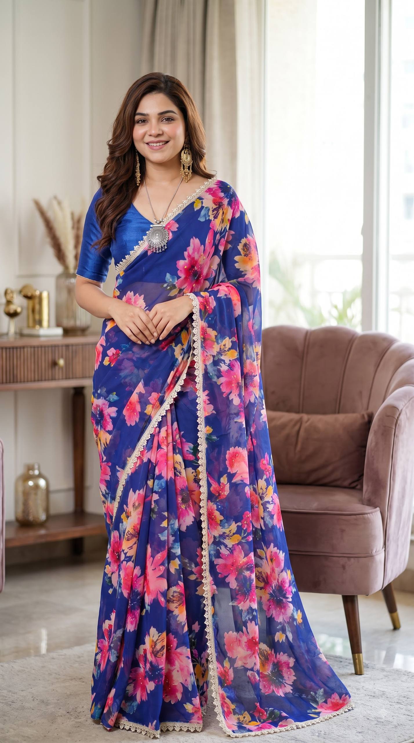 Soft pure Georgette golden diamond work sarees