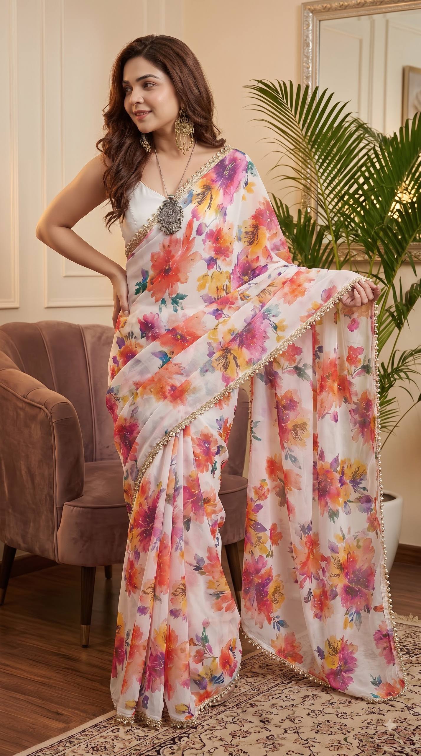 Soft pure Georgette golden diamond work sarees