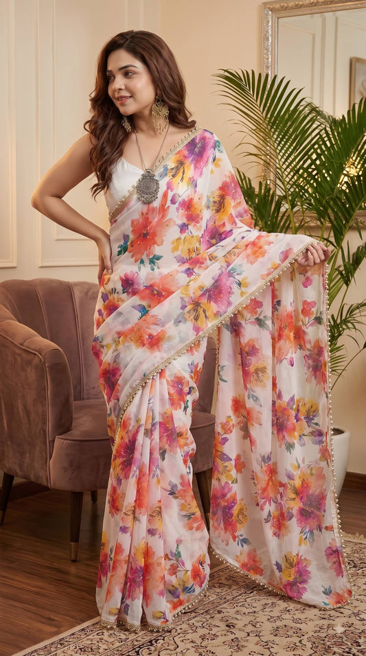 Soft pure Georgette golden diamond work sarees