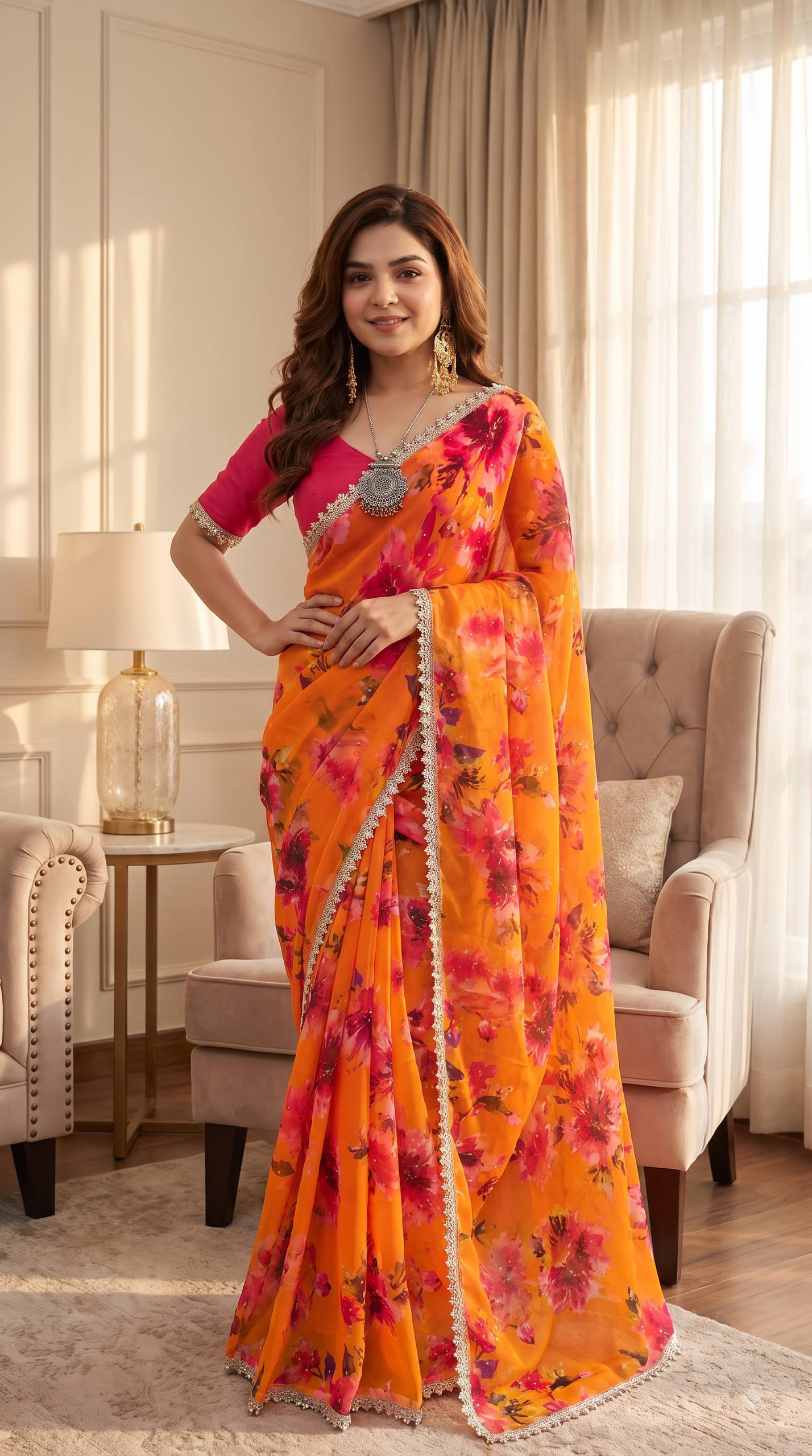 Soft pure Georgette golden diamond work sarees