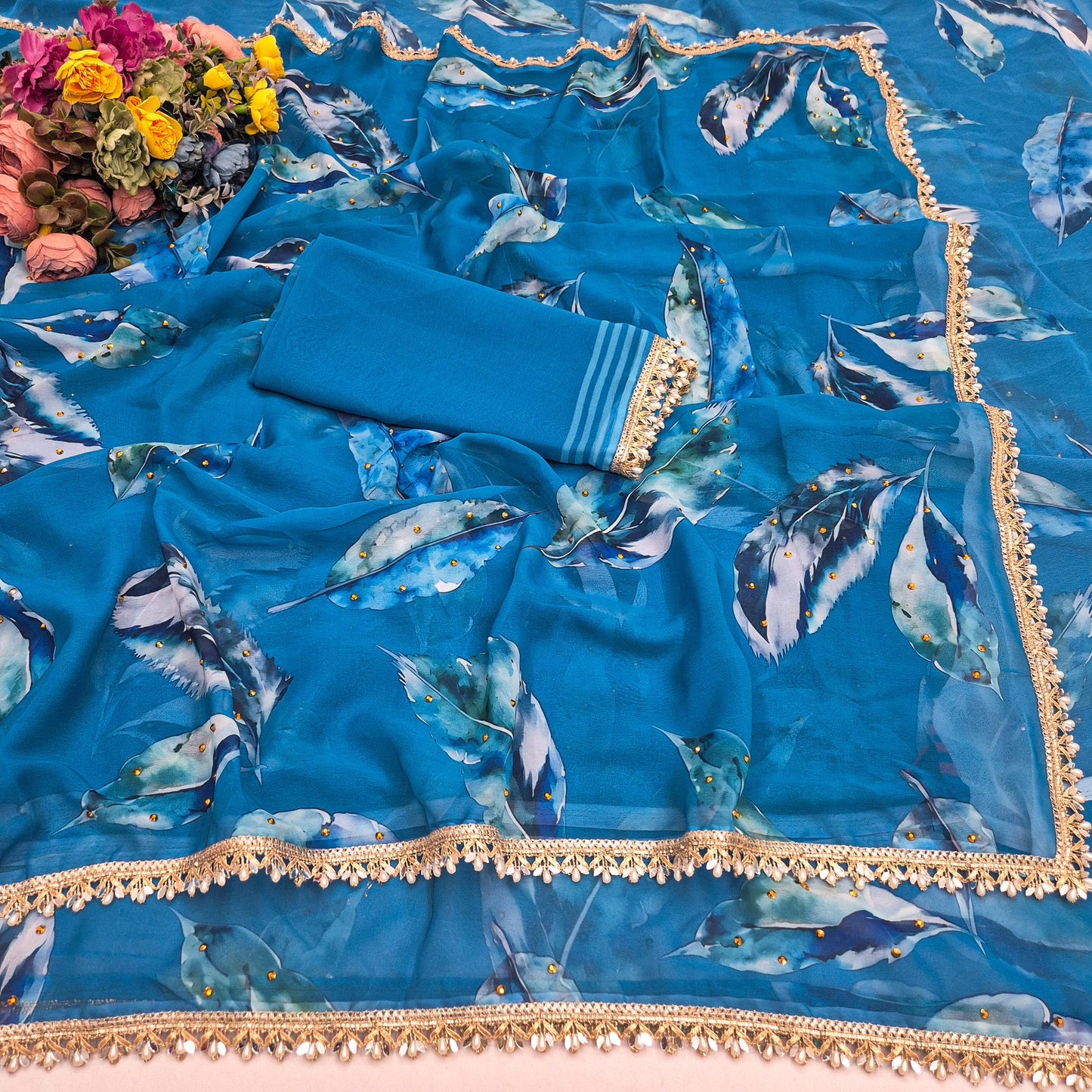 Soft pure Georgette golden diamond work sarees