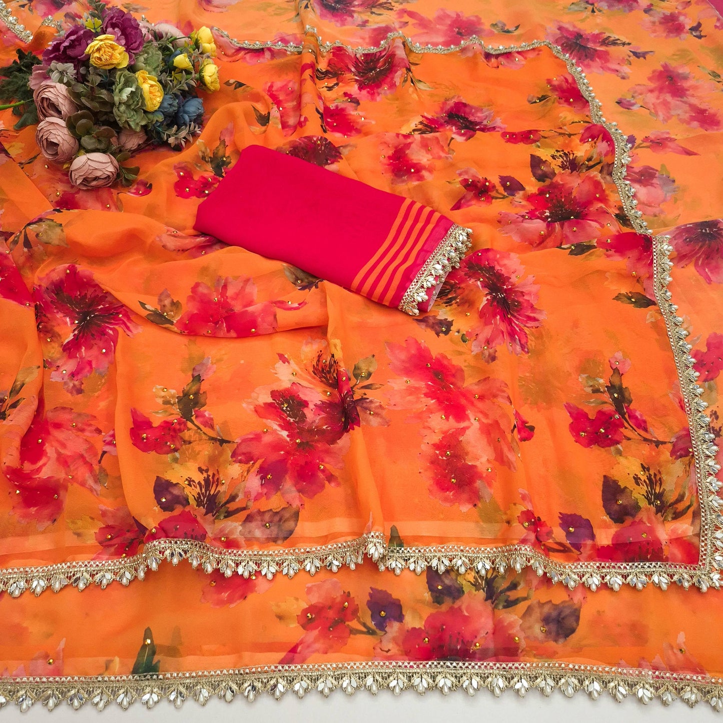 Soft pure Georgette golden diamond work sarees