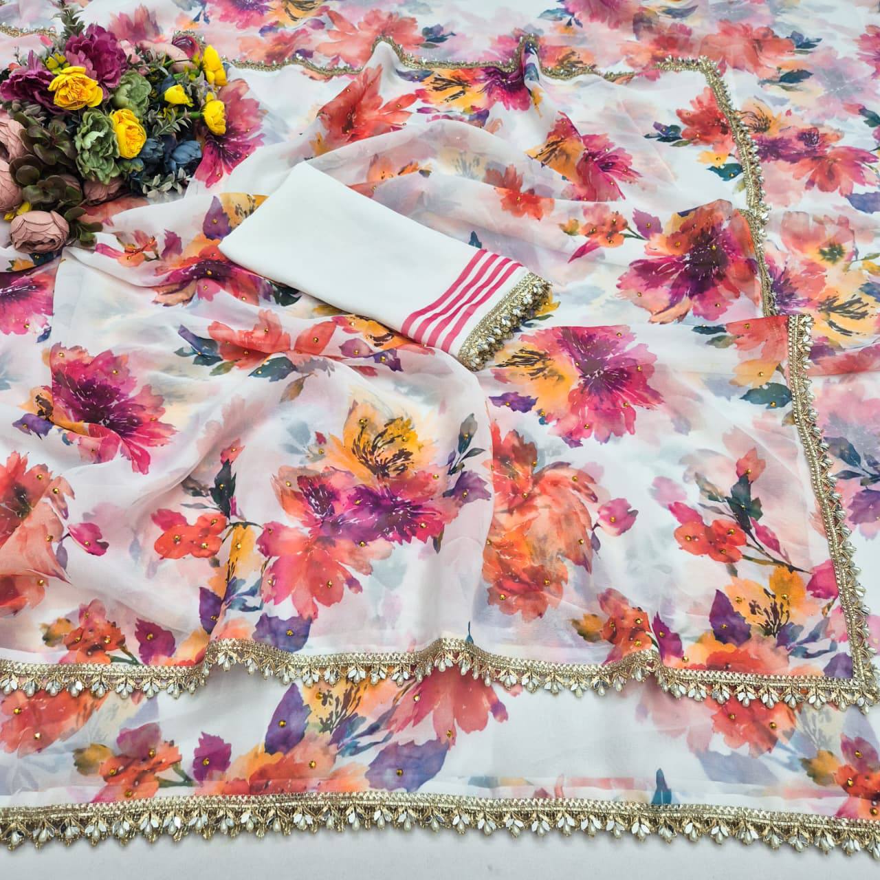 Soft pure Georgette golden diamond work sarees