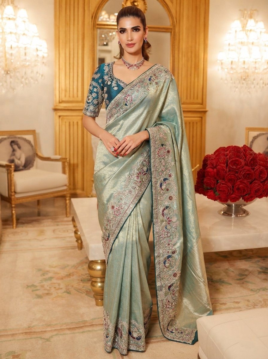 Wedding Wear Pure Kanjivarm Silk Heavy Embroidery Work Saree