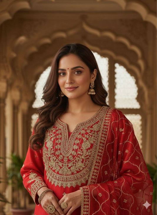 SEQUENCE EMBROIDERY WORKED TOP PLAZZO AND DUPATTA