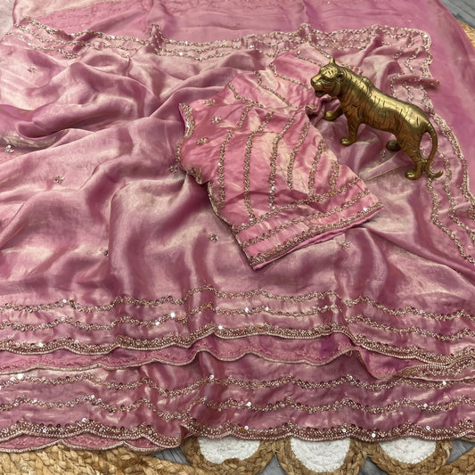 Pure Fandy Sattin Silk With Beautiful Original Rose Gold Beads Saree