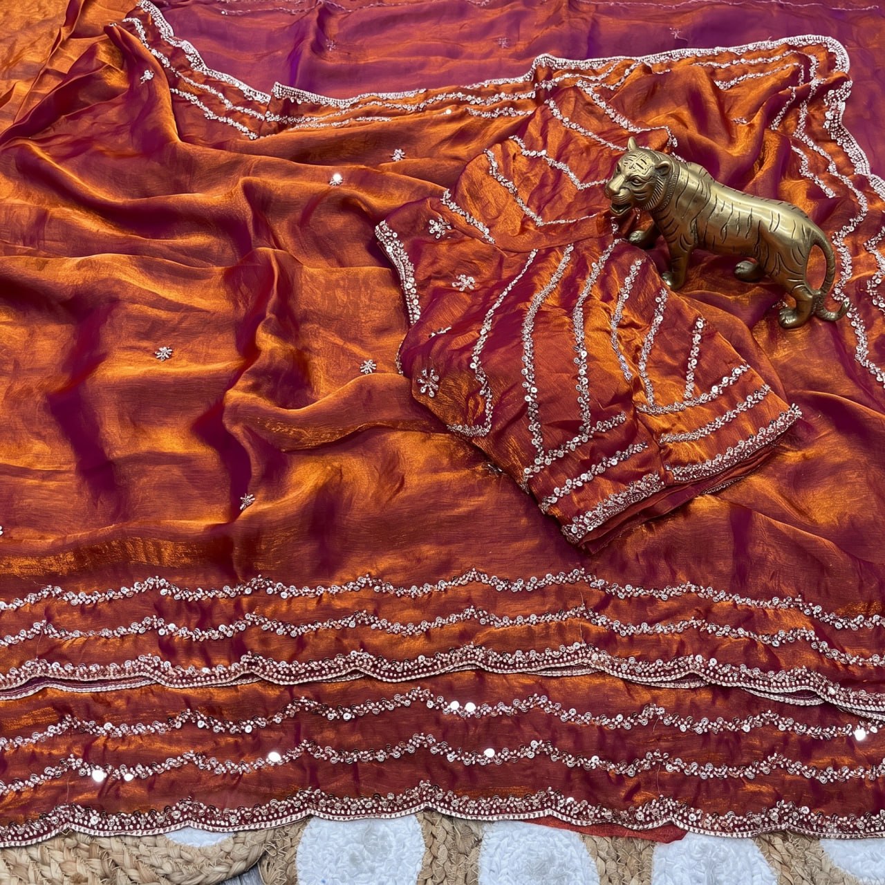 Pure Fandy Sattin Silk With Beautiful Original Rose Gold Beads Saree