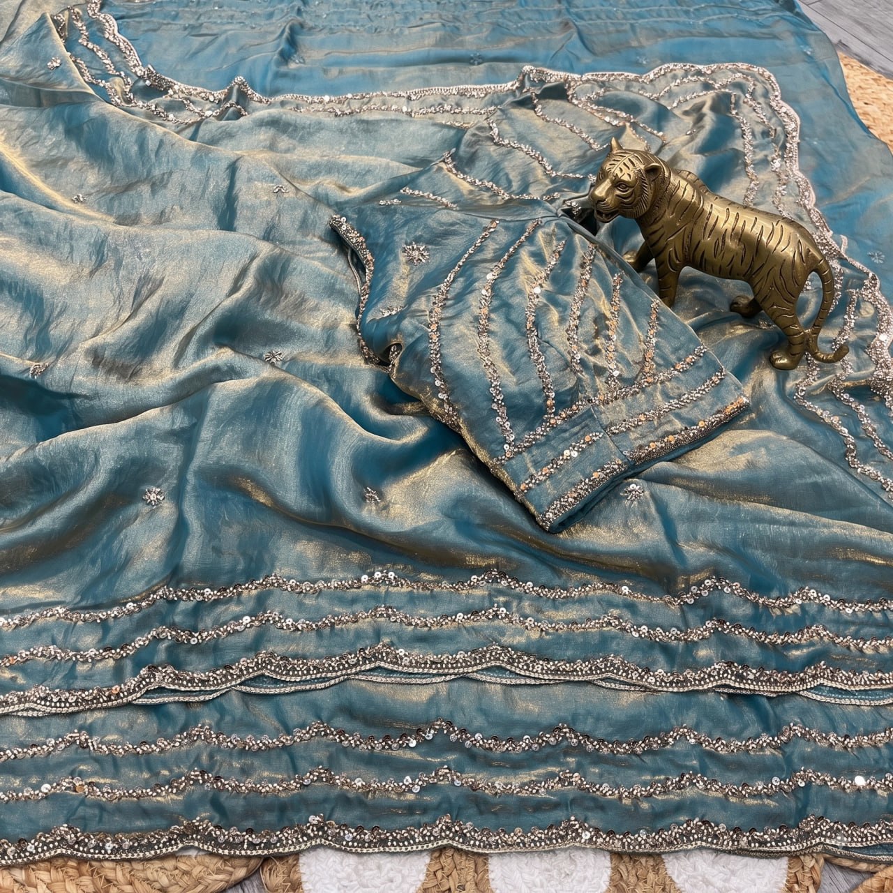 Pure Fandy Sattin Silk With Beautiful Original Rose Gold Beads Saree