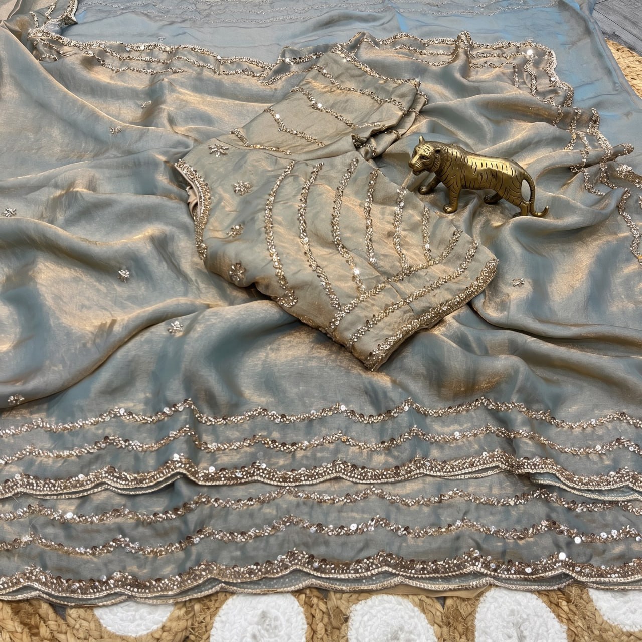 Pure Fandy Sattin Silk With Beautiful Original Rose Gold Beads Saree