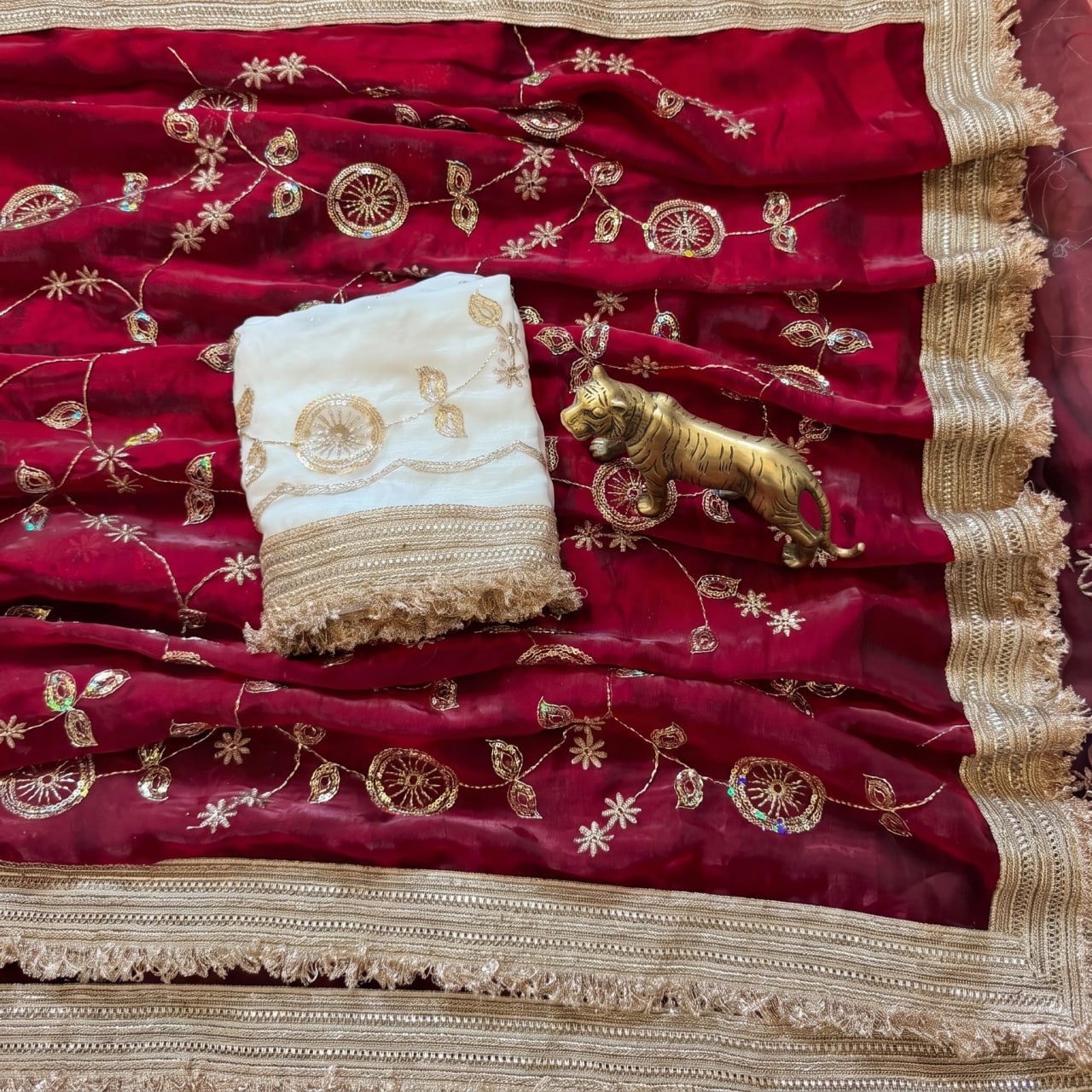Pure Space Silk With Beautiful Gold Beeds (Bhungali) Work Saree