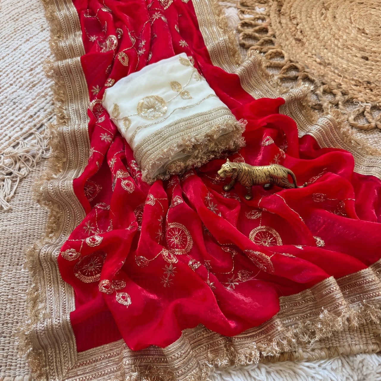 Pure Space Silk With Beautiful Gold Beeds (Bhungali) Work Saree