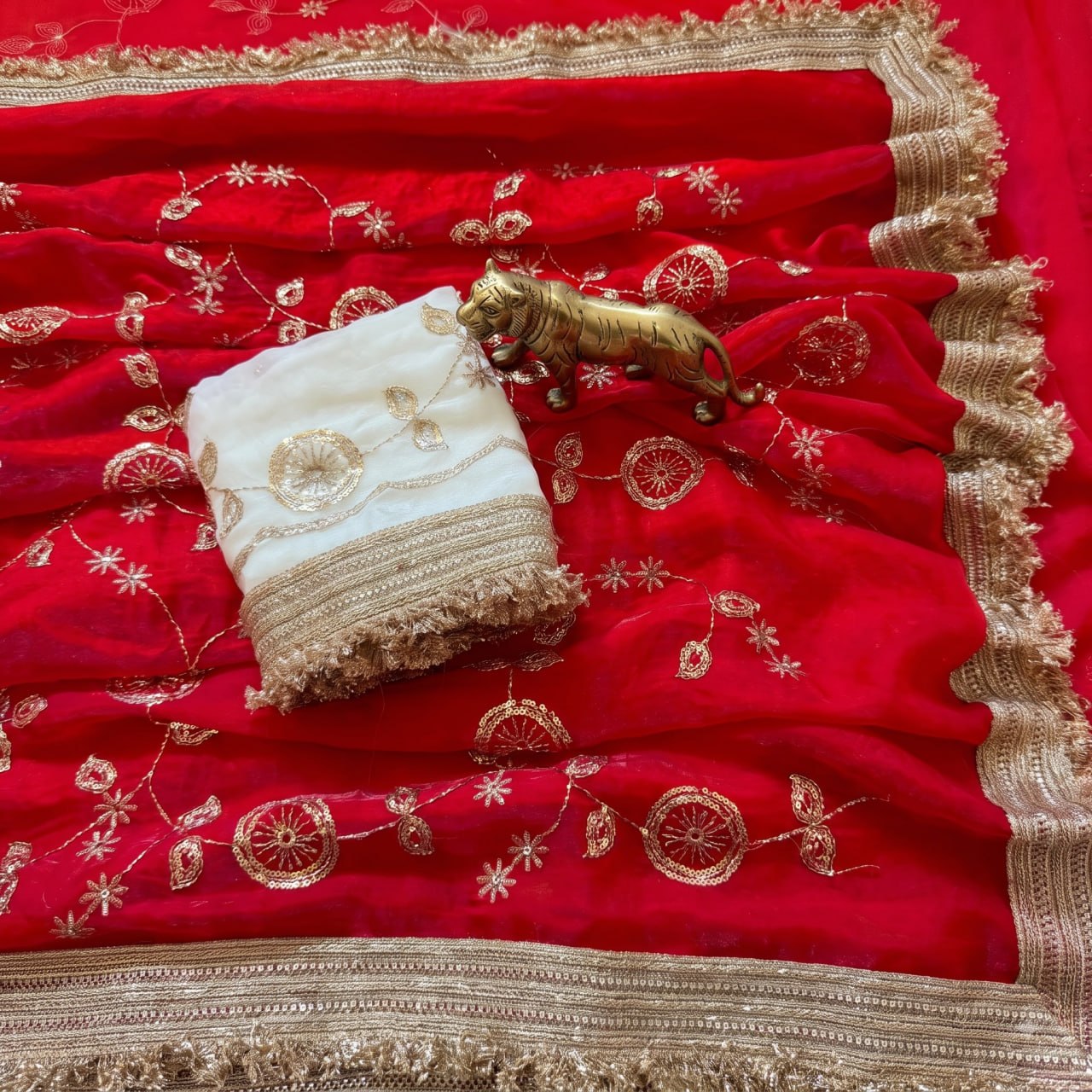 Pure Space Silk With Beautiful Gold Beeds (Bhungali) Work Saree
