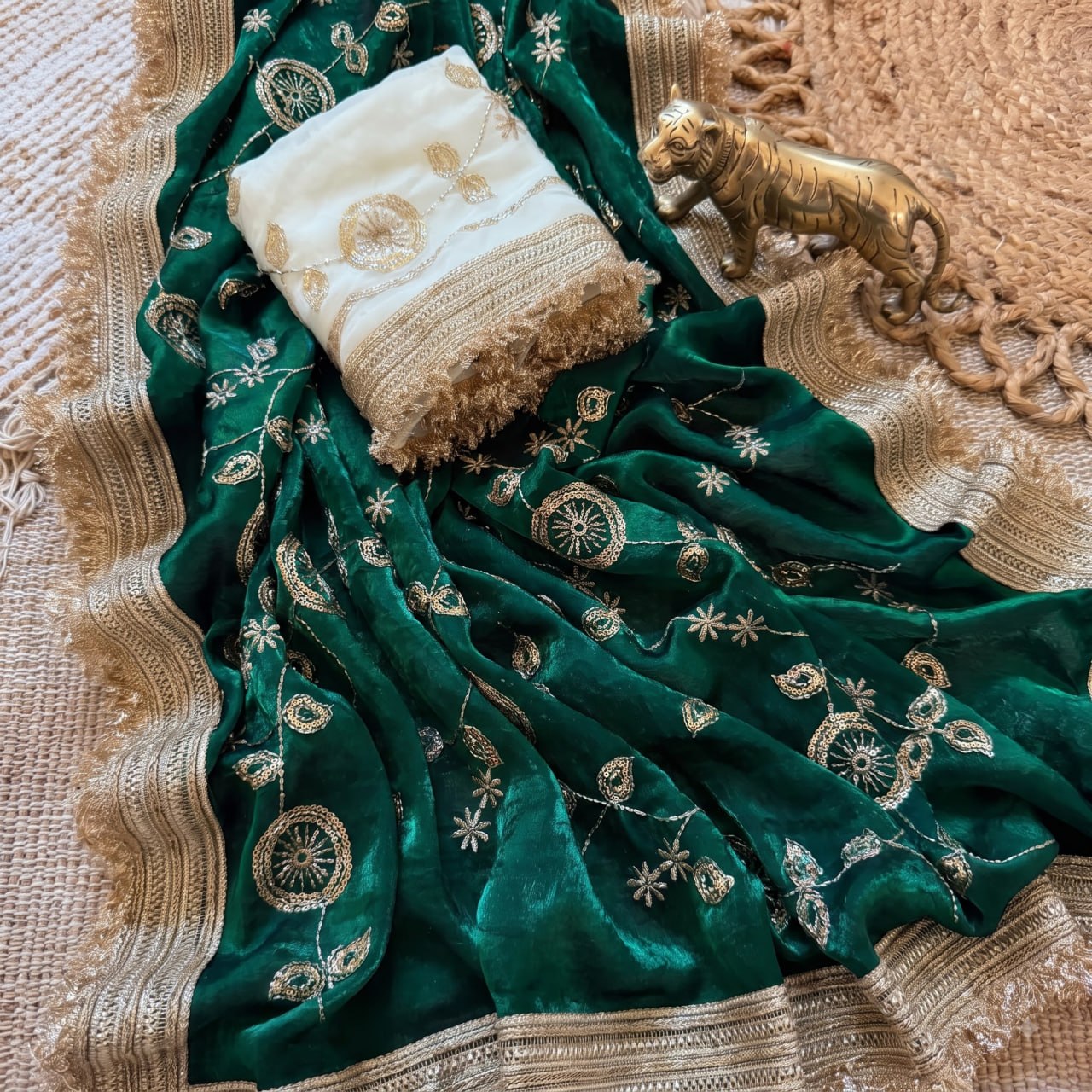 Pure Space Silk With Beautiful Gold Beeds (Bhungali) Work Saree