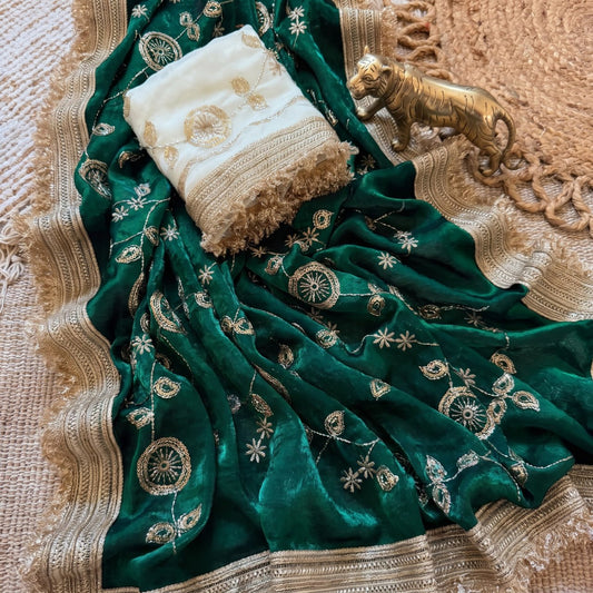 Pure Space Silk With Beautiful Gold Beeds (Bhungali) Work Saree