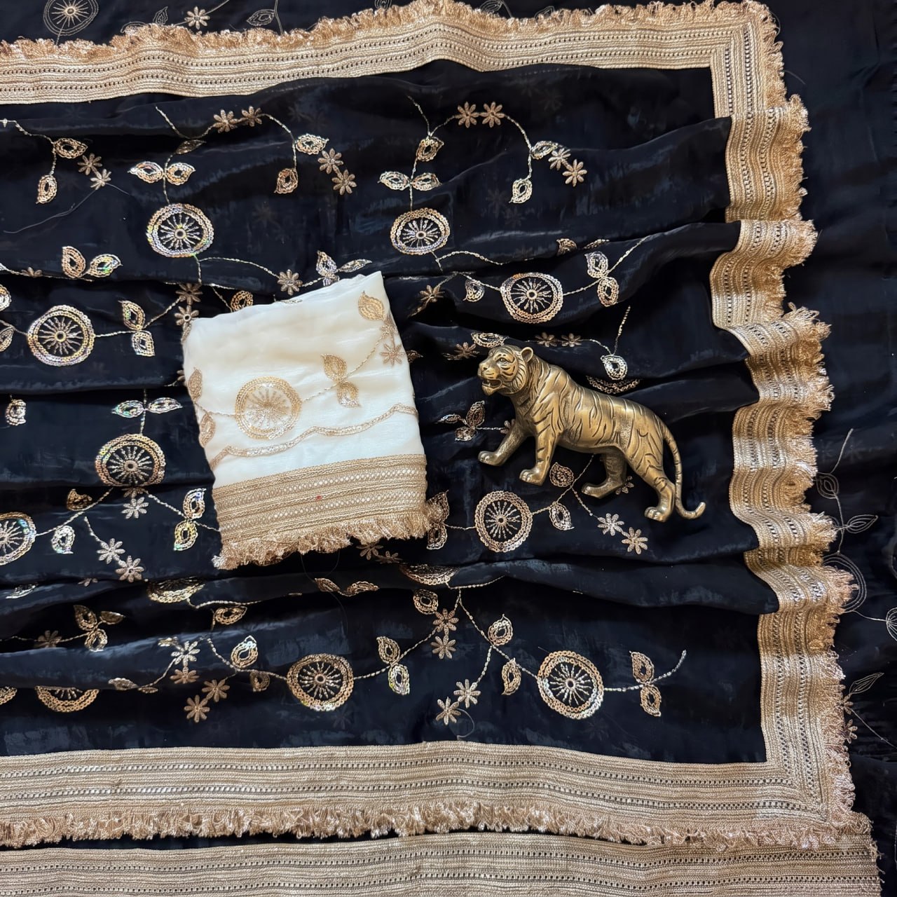 Pure Space Silk With Beautiful Gold Beeds (Bhungali) Work Saree