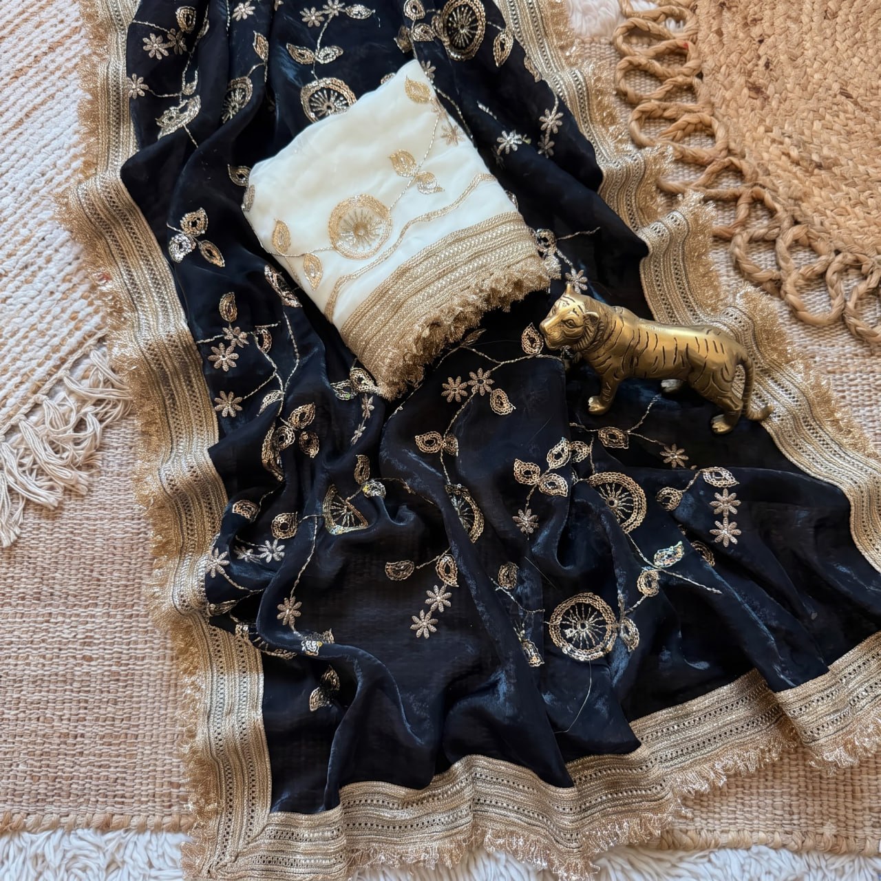 Pure Space Silk With Beautiful Gold Beeds (Bhungali) Work Saree
