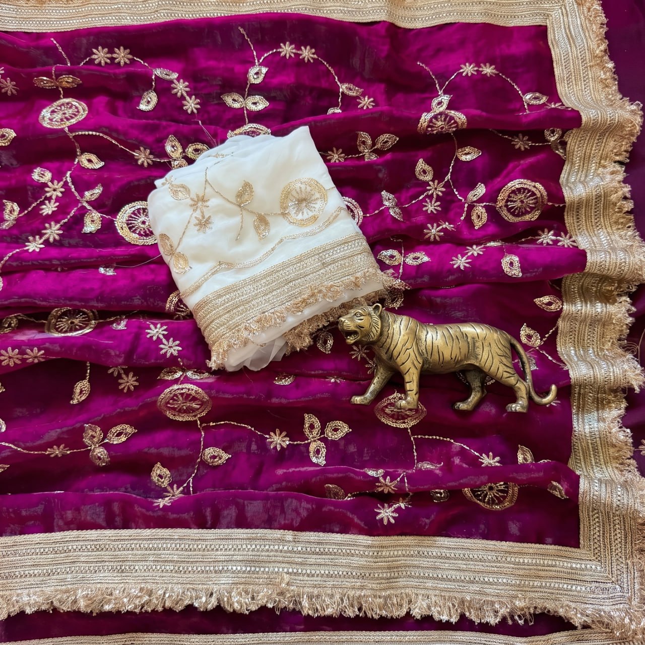 Pure Space Silk With Beautiful Gold Beeds (Bhungali) Work Saree