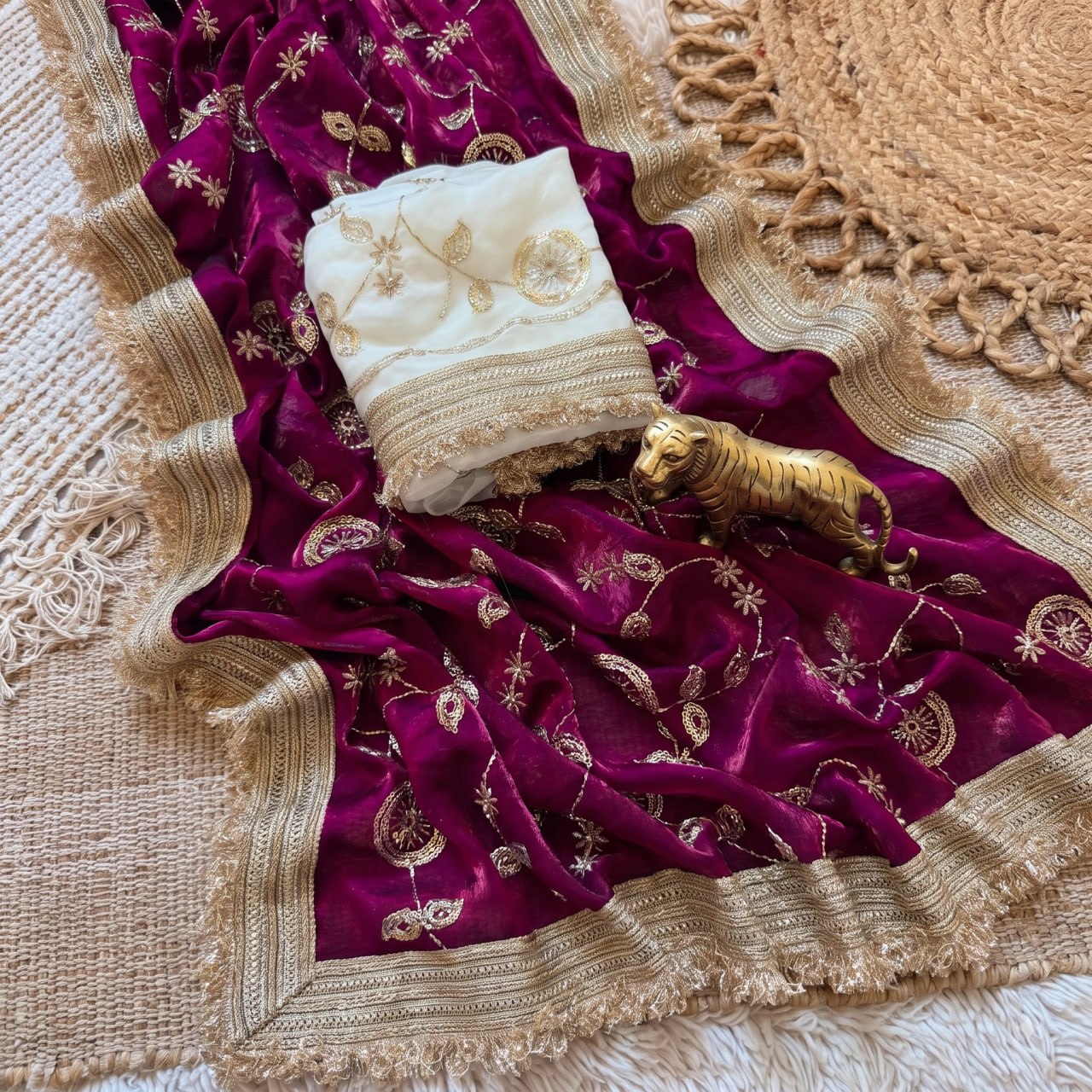 Pure Space Silk With Beautiful Gold Beeds (Bhungali) Work Saree