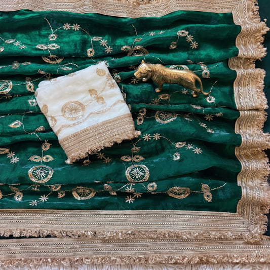 Pure Space Silk With Beautiful Gold Beeds (Bhungali) Work Saree