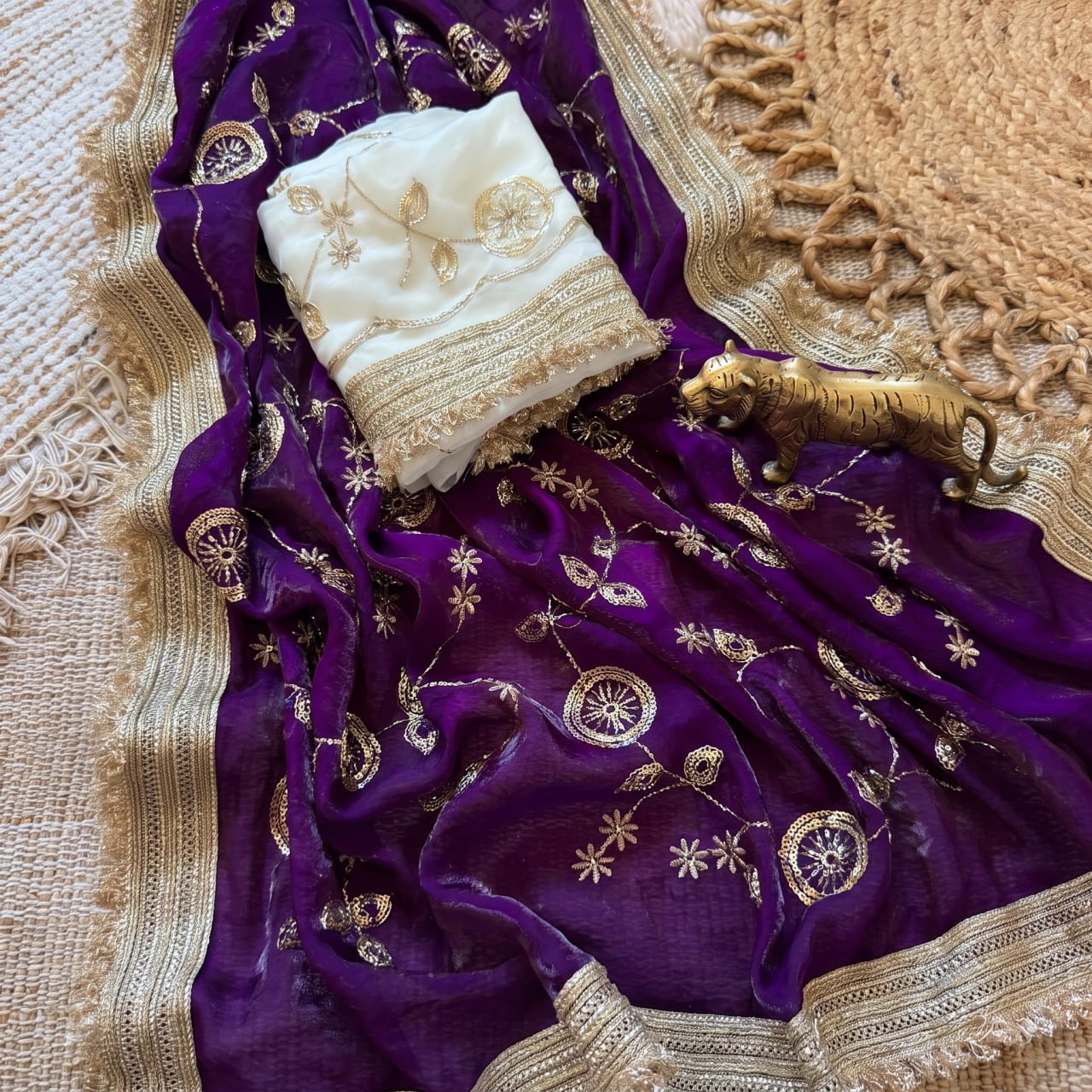 Pure Space Silk With Beautiful Gold Beeds (Bhungali) Work Saree