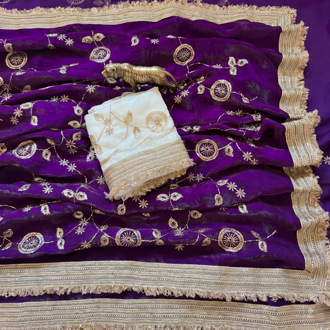 Pure Space Silk With Beautiful Gold Beeds (Bhungali) Work Saree