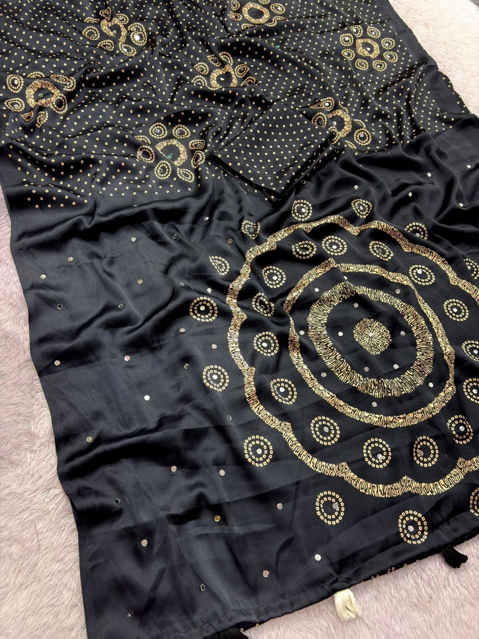 Japan sattin With original mirror work With tassels in pallu saree