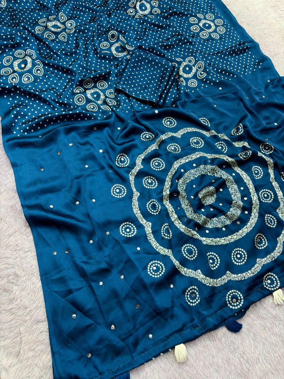 Japan sattin With original mirror work With tassels in pallu saree