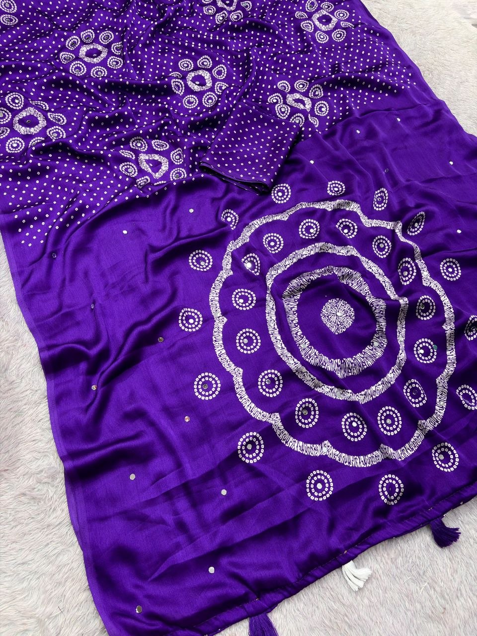 Japan sattin With original mirror work With tassels in pallu saree