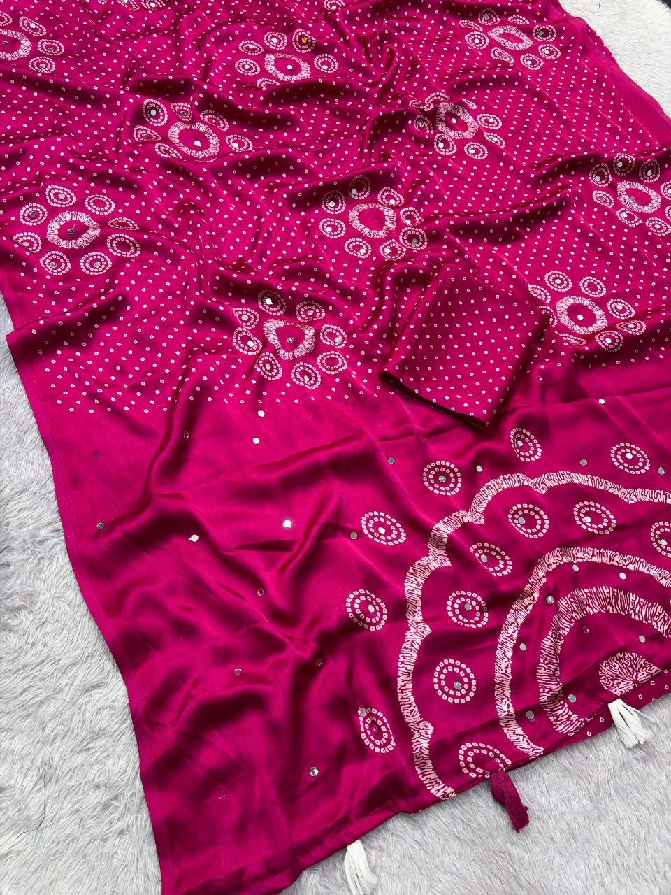 Japan sattin With original mirror work With tassels in pallu saree