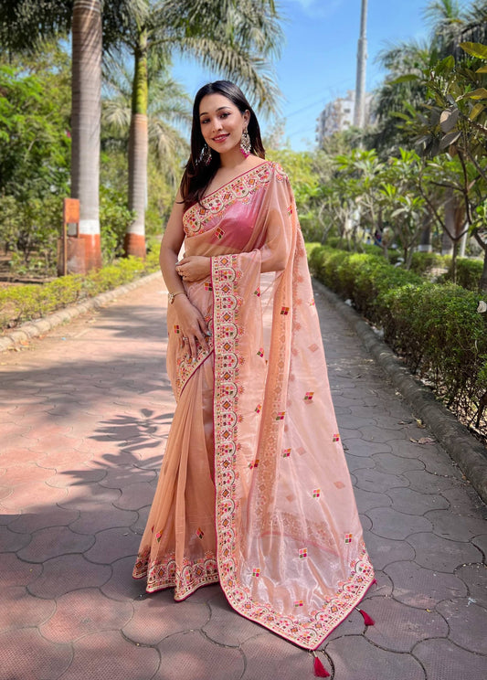 Twill Net Designer Embroidery work of Malti Colour Saree