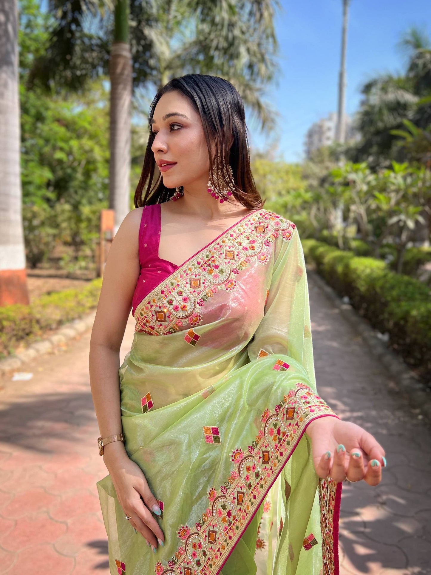 Twill Net Designer Embroidery work of Malti Colour Saree