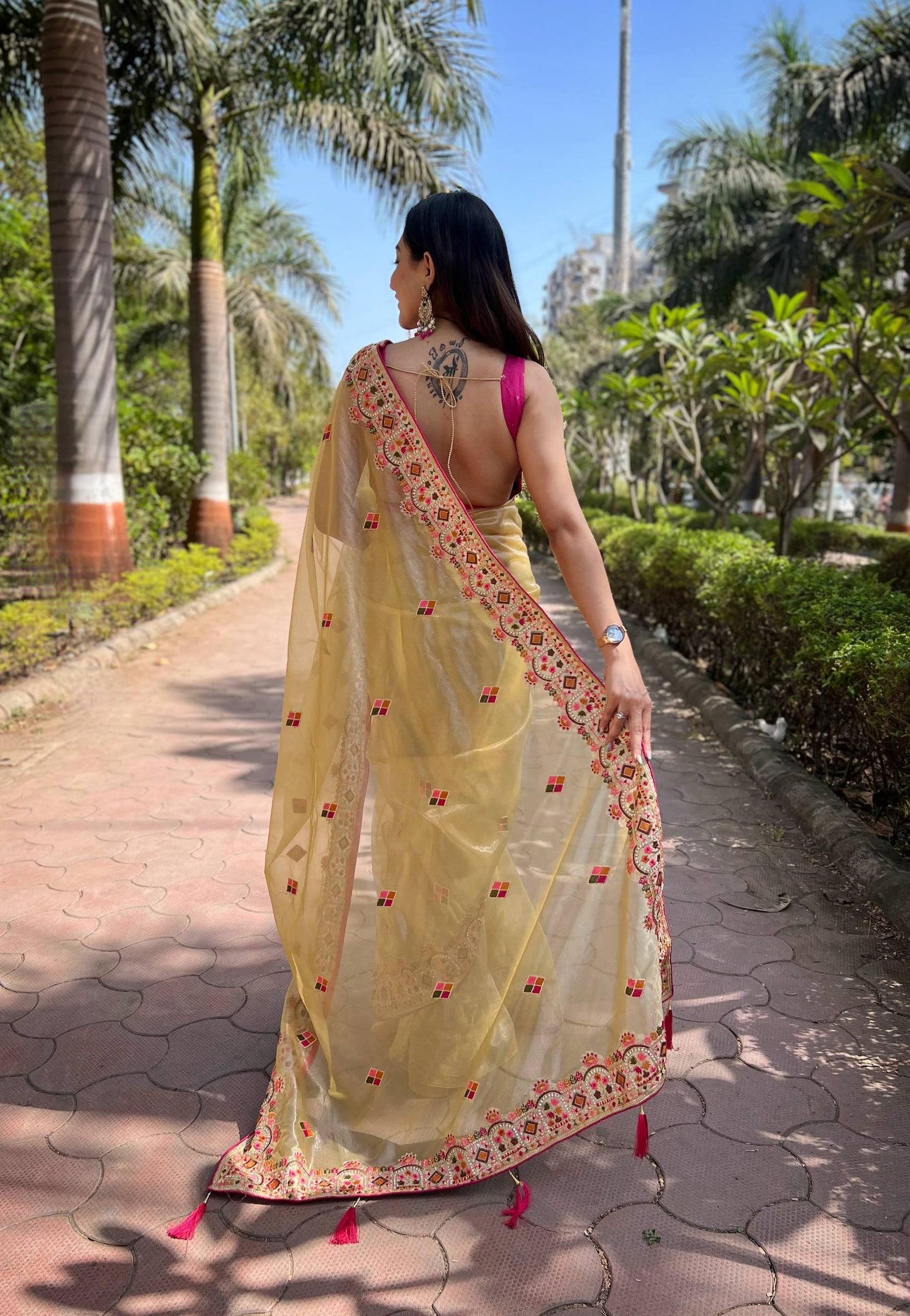 Twill Net Designer Embroidery work of Malti Colour Saree