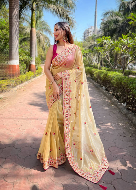 Twill Net Designer Embroidery work of Malti Colour Saree