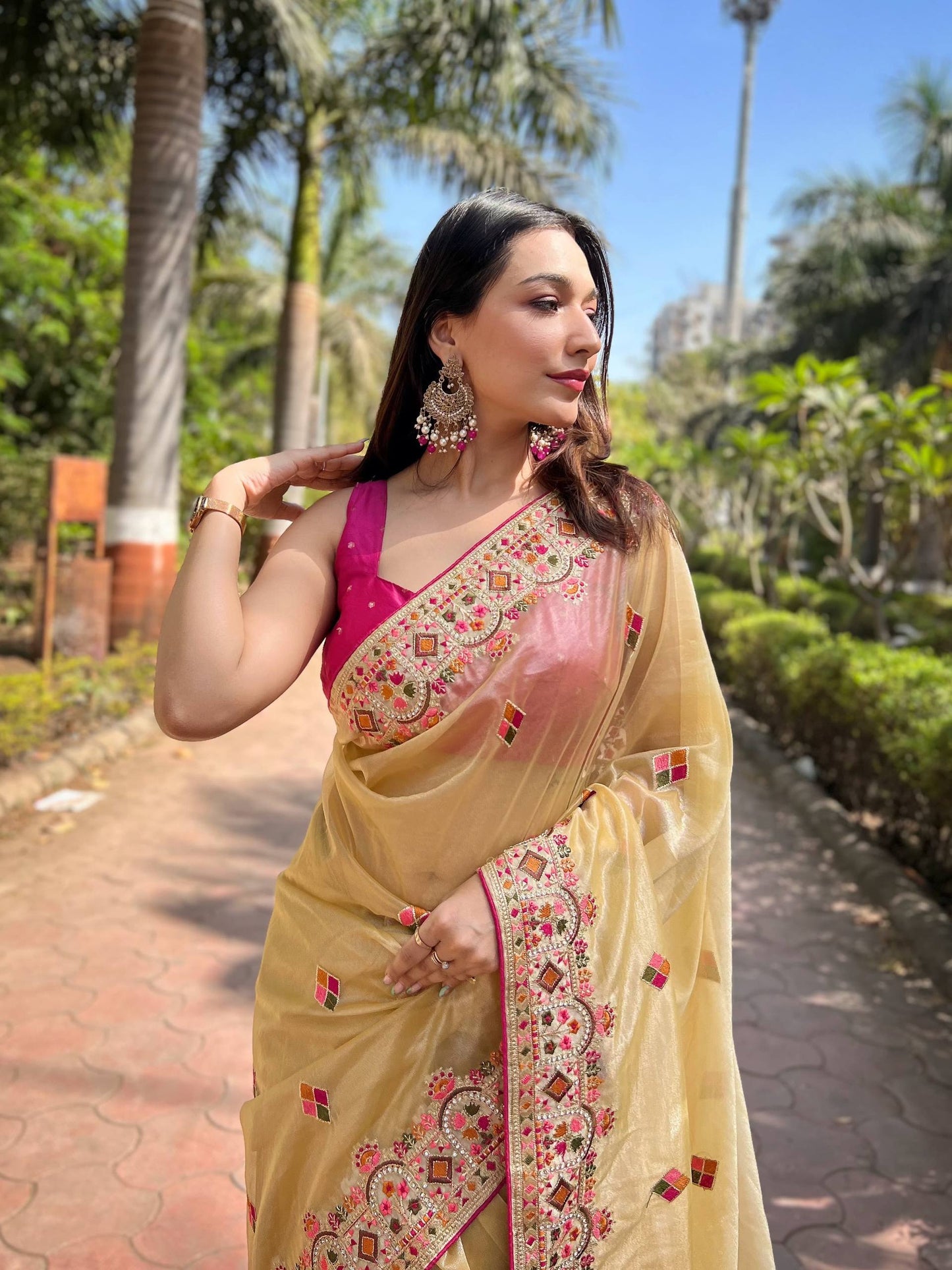 Twill Net Designer Embroidery work of Malti Colour Saree