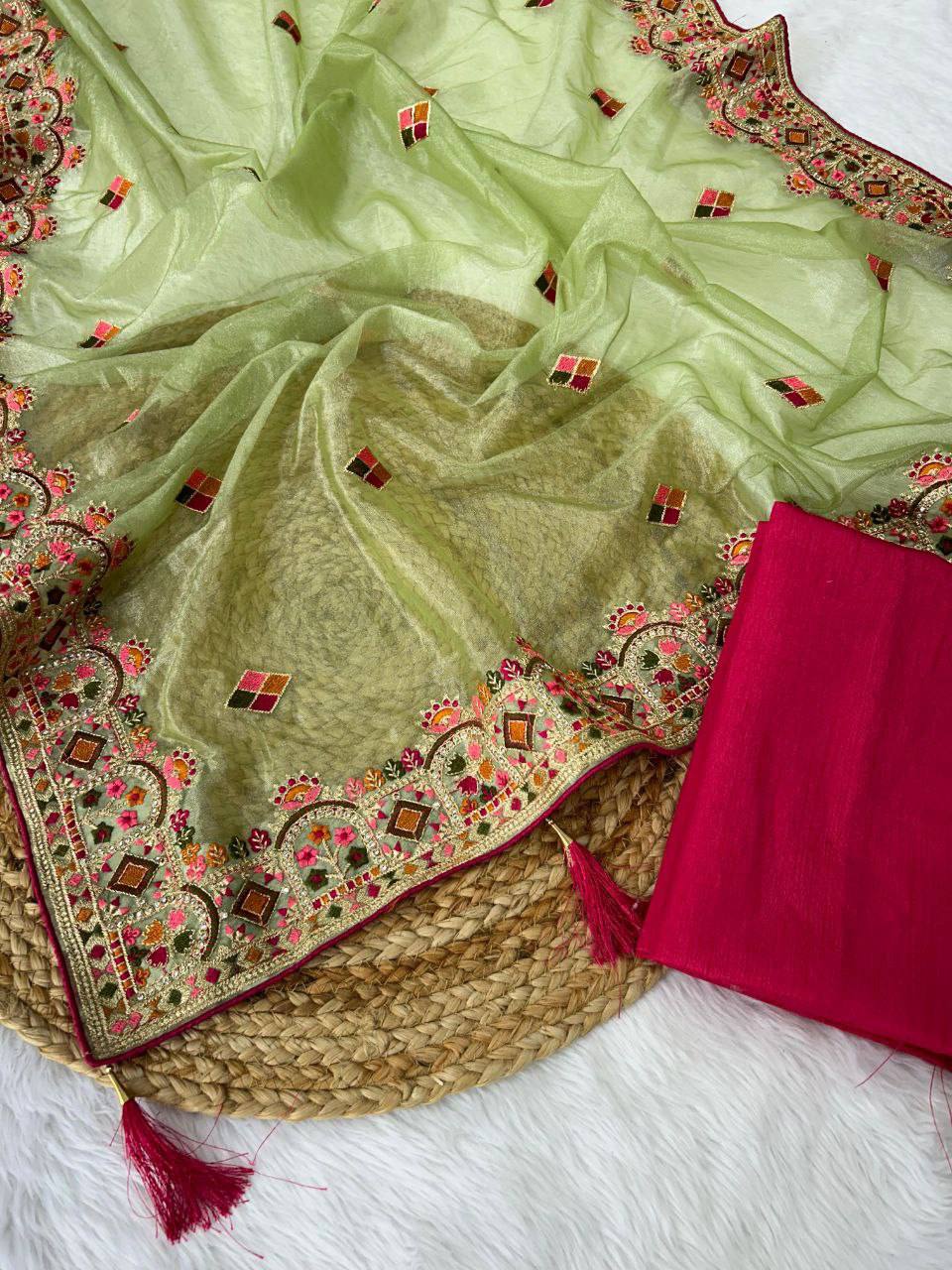 Twill Net Designer Embroidery work of Malti Colour Saree