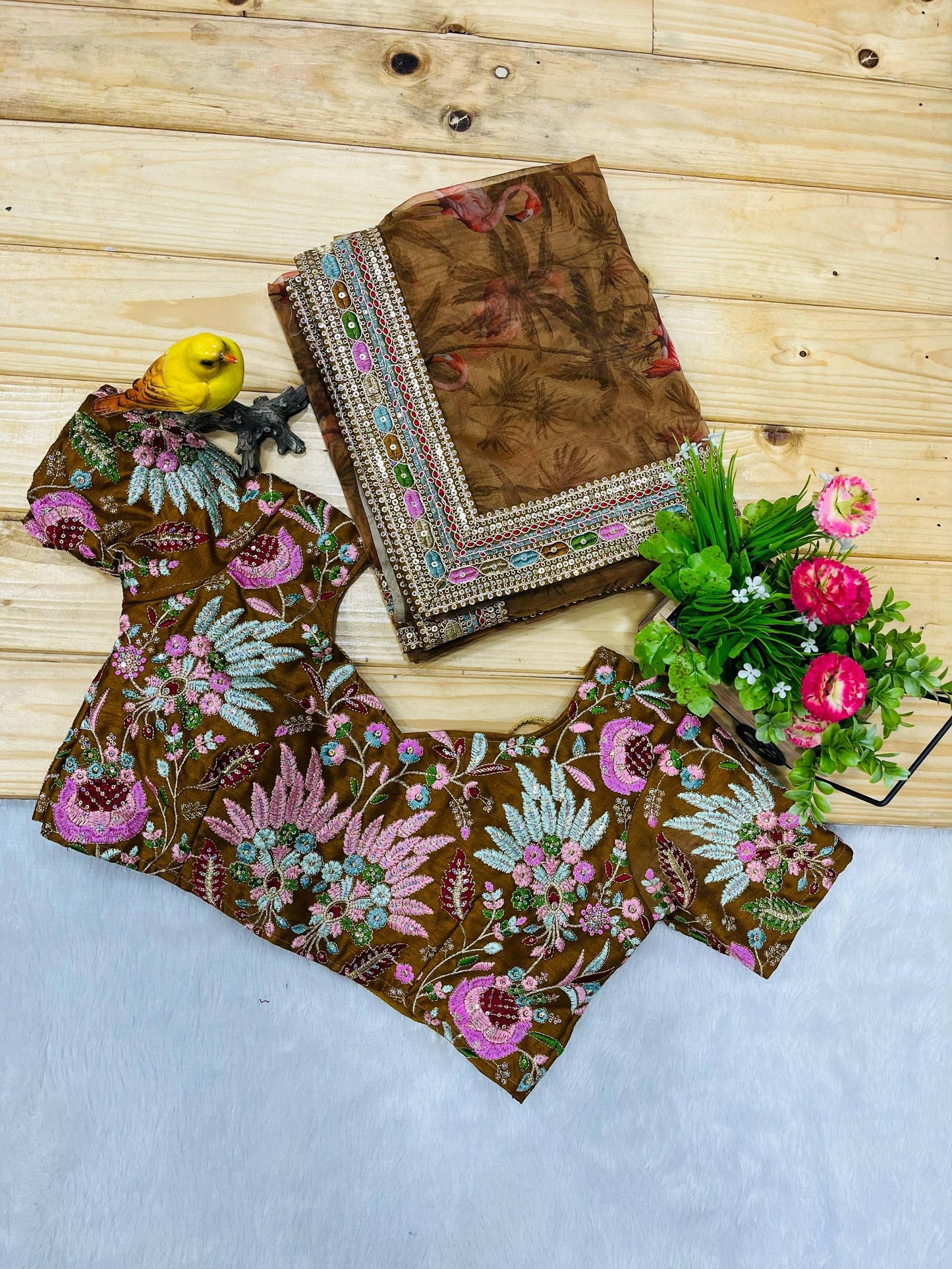 Smooth Organza Beautiful 3D Floral Sublimation Printed Design Saree
